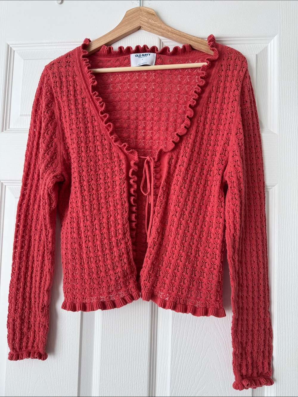 Old Navy Women's Coral Open-Knit Ruffle-Trim Tie-Front Cardigan